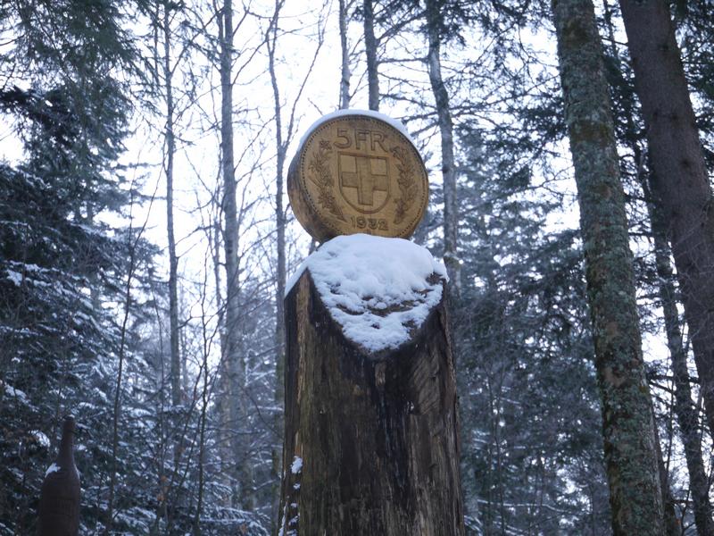 Une pièce de 5 francs Suisse sculptée dans un arbre (sentier des statues)